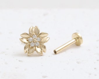 14K Solid Gold CZ, Moissanite, Lab or Genuine Diamond Cherry Blossom Stud, Cartilage, Tragus, Helix, Internally Threaded Labret Ear Piercing