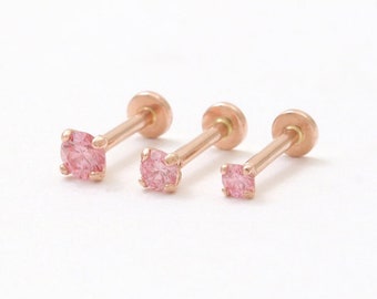 14K Gold 1.5mm, 2mm, 2.5mm, 3mm or 4mm Pink Lab Grown Diamond 4 Prongs Ear Stud Cartilage Tragus Helix Conch Internally Labret Piercing 1qty