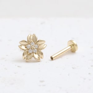 14K Solid Gold CZ, Moissanite, Lab or Genuine Diamond Cherry Blossom Stud Cartilage Tragus Helix Internally Labret Ear Piercing 18g, 16g
