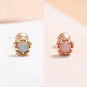 14K 18K Solid Gold Genuine White or Pink Opal Small Flower Ear Stud, Cartilage, Tragus, Helix, Conch, Lobe, Piercing Earring- 16G, 18G/ 1qty