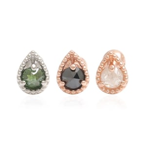 14K 18K Solid Gold Rose Cut Green, Black or Gray Diamond Teardrop Ear Stud Cartilage Tragus Helix Conch Lobe Piercing Earring 16G, 18G 1qty