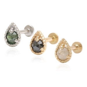14K massief goud groen, zwart of grijs echte diamant druppelvormige oorstekers kraakbeen tragus helix conch met inwendig schroefdraad labret-oorpiercing 1qty