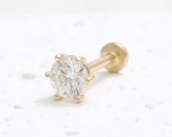 14K Gold 4mm CZ, Moissanite, White Sapphire, Lab or Genuine Diamond 6 Prongs Setting Stud Cartilage Tragus Conch Internally Labret Piercing