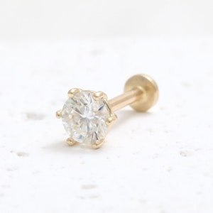 14K Gold 4mm CZ, Moissanite, White Sapphire, Lab or Genuine Diamond 6 Prongs Setting Stud Cartilage Tragus Conch Internally Labret Piercing