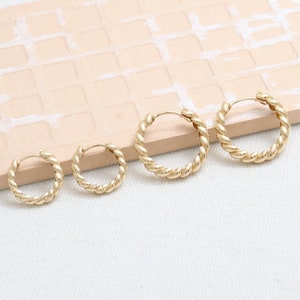 14K 18K Solid Gold Shiny Polished Twisted Rope Full Eternity Circle Round Huggie Hoop Earrings, Small or Large Size Single or Pair