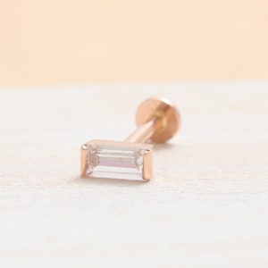 14K Solid Gold Baguette Cut CZ, Moissanite, White Sapphire, Lab or Genuine Diamond Stud Cartilage Tragus Helix Conch Labret Ear Piercing