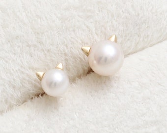 14K 18K Solid Gold 4mm or 5mm Fresh Water Pearl Kitty Cat Ear Stud, Tragus, Helix, Conch, Lobe, Cartilage, Piercing Earring- 16G, 18G/ 1qty