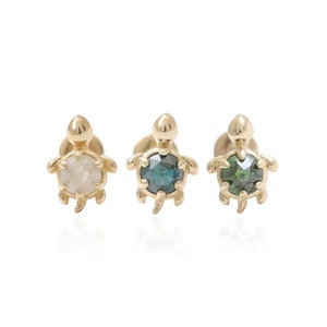 14K Solid Gold Rose Cut Gray, Blue, Green Diamond Accent Tiny Turtle Ear Stud Cartilage Tragus Helix Internally Threaded Labret Ear Piercing