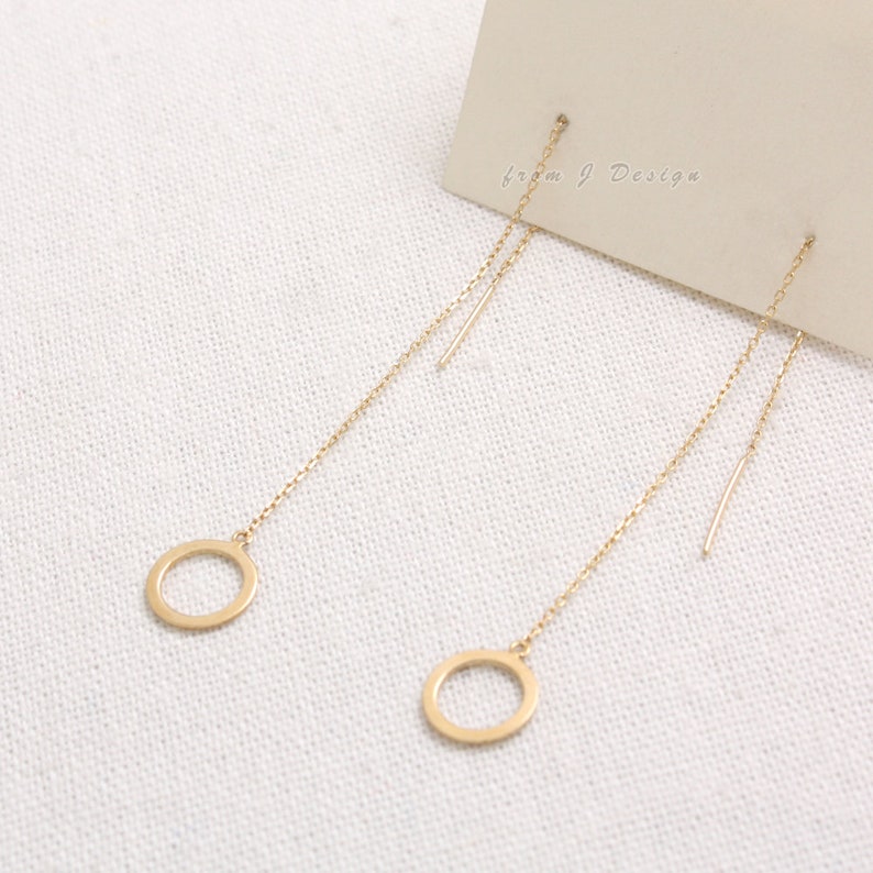 14K Solid Gold Open Circle Chain Drop Threader Geometric Earrings
