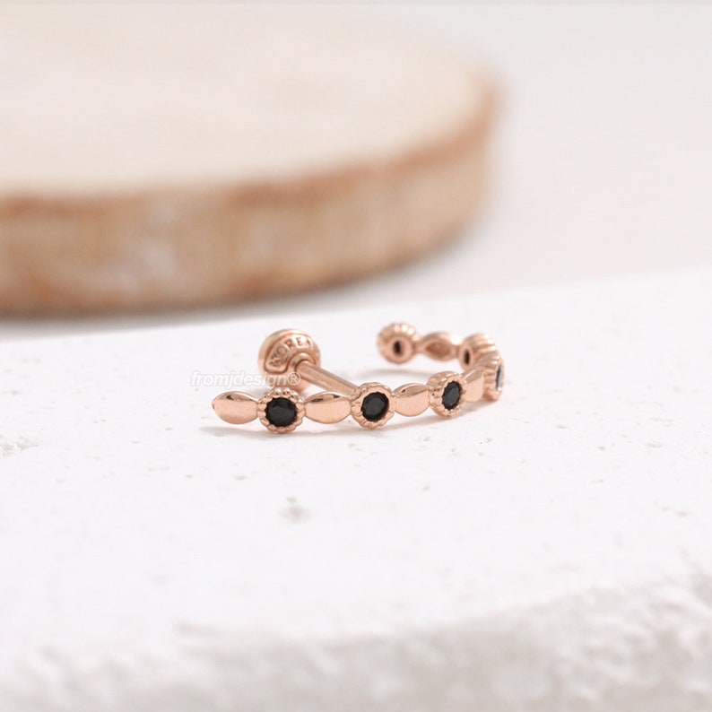 14K 18K Solid Gold Black CZ Cubic Zirconia Accent Lace Curved Line Ear Cuff Stud Ear Suspender Earring-18G 1pcs