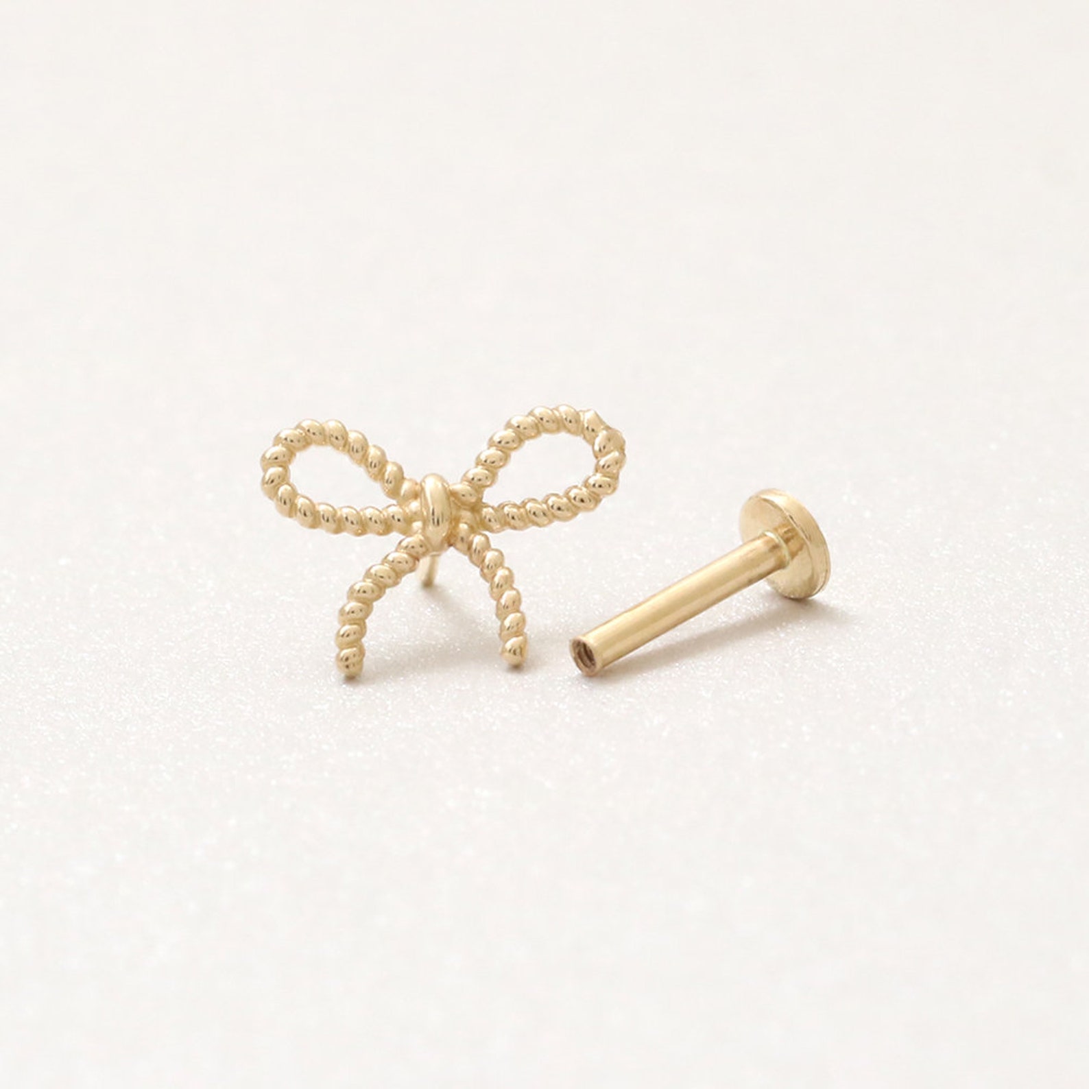 14K Solid Gold Rope Wire Bow Ribbon Ear Stud, Cartilage, Tragus, Helix ...