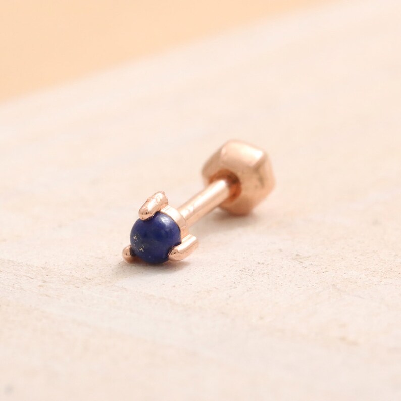 18G 1pcs Lobe Conch Cartilage Tragus Piercing Earring-16G 14K 18K Solid Gold 2mm Tiny Genuine Lapis Lazuli 3 Prongs Stud Helix