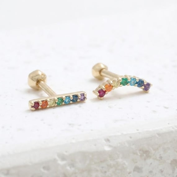 14K 18K ソリッドゴールド マルチカラー レインボー CZ ストレート 