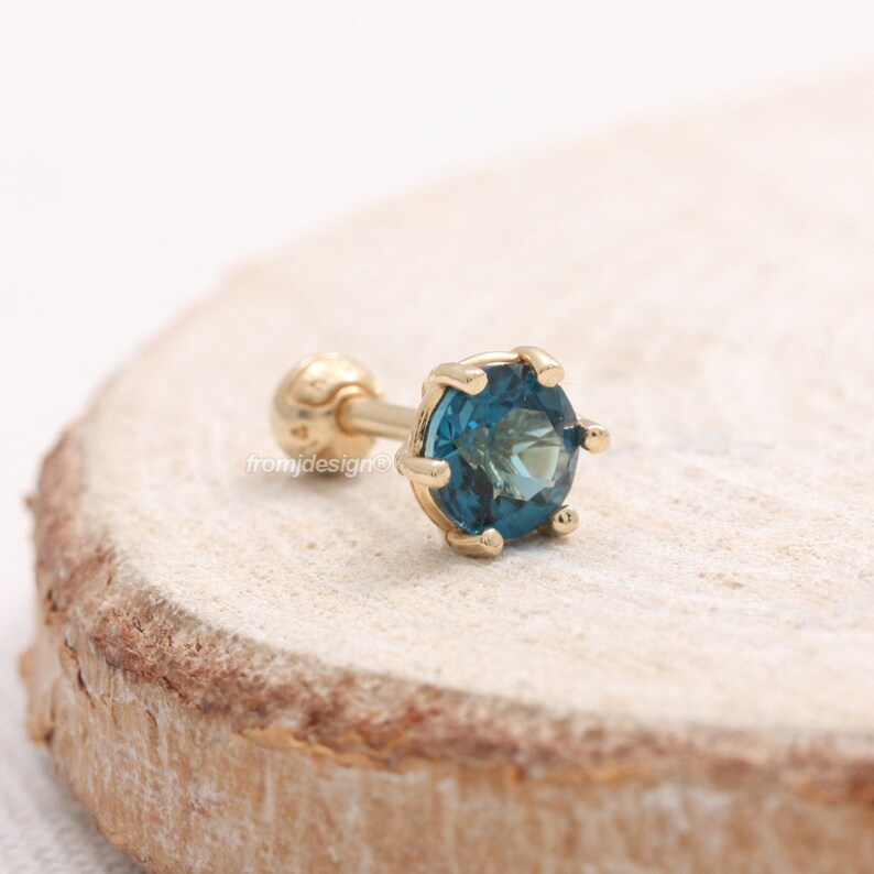 Conch Lobe Piercing Earring-18G or 16G 1pcs Tragus Cartilage 14K 18K Solid Gold 0.5ct London Blue Topaz Prongs Ear Stud Helix