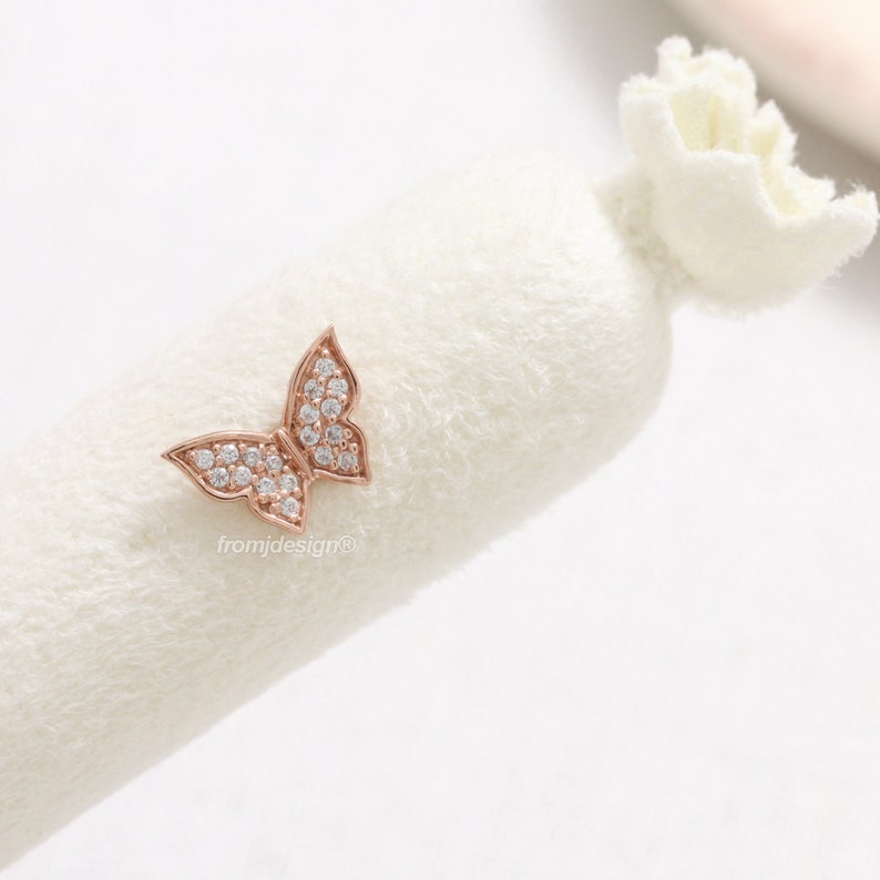 Conch 14K 18K Solid Gold Genuine Diamond Pave Butterfly Ear Stud Lobe Tragus 18G 1pcs Cartilage Helix Piercing Earring-16G