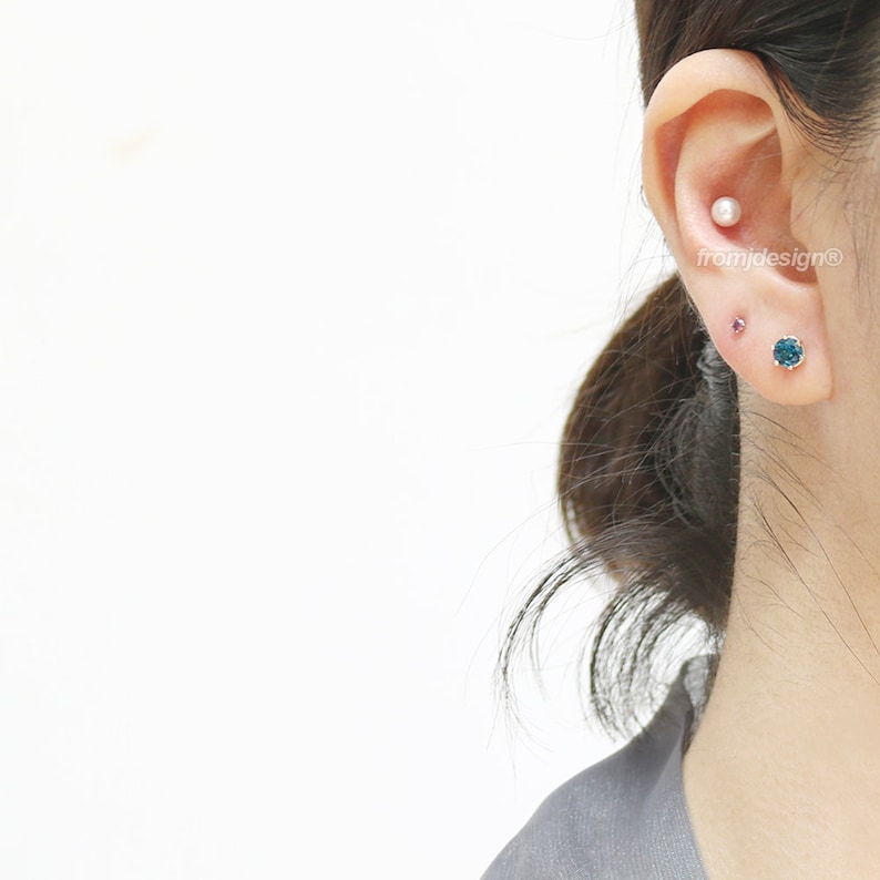 Conch Lobe Piercing Earring-18G or 16G 1pcs Tragus Cartilage 14K 18K Solid Gold 0.5ct London Blue Topaz Prongs Ear Stud Helix