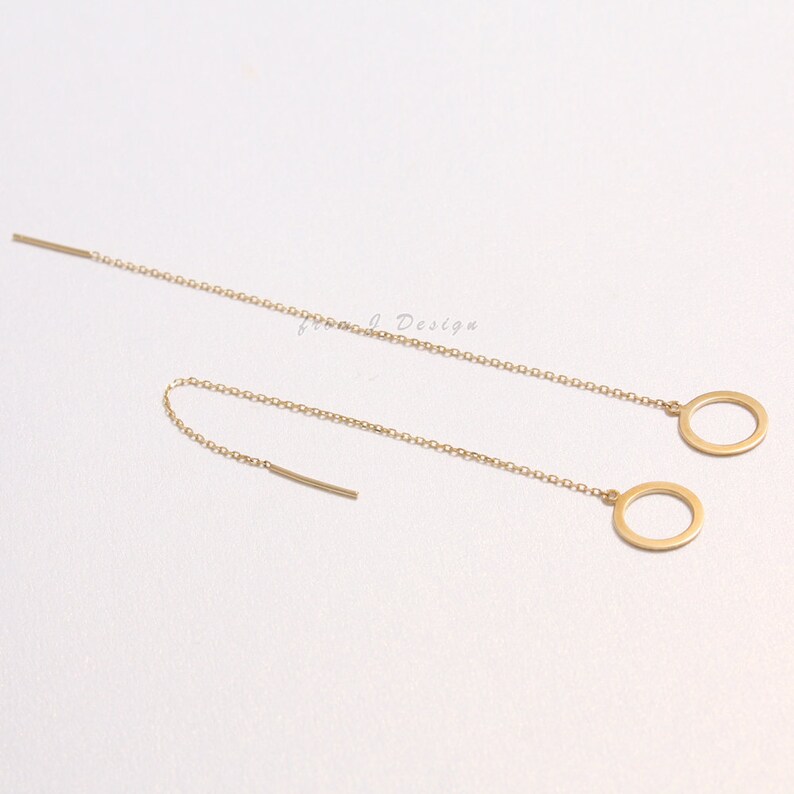 14K Solid Gold Open Circle Chain Drop Threader Geometric Earrings