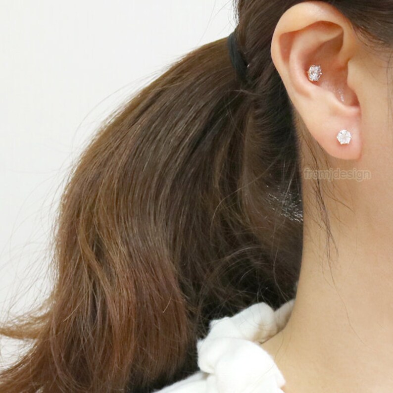 14K 18K Solid Gold 0.5ct Moissanite Prong Setting Ear Stud Helix Cartilage 18g 1pcs Conch Labret Piercing Earring-16g Tragus Lobe