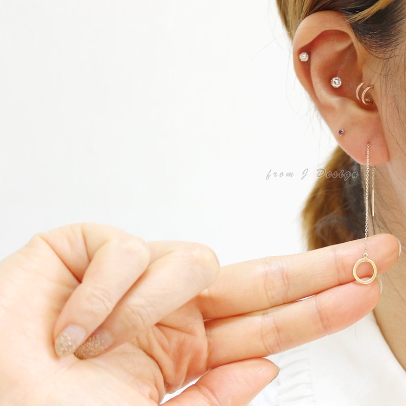 14K Solid Gold Open Circle Chain Drop Threader Geometric Earrings