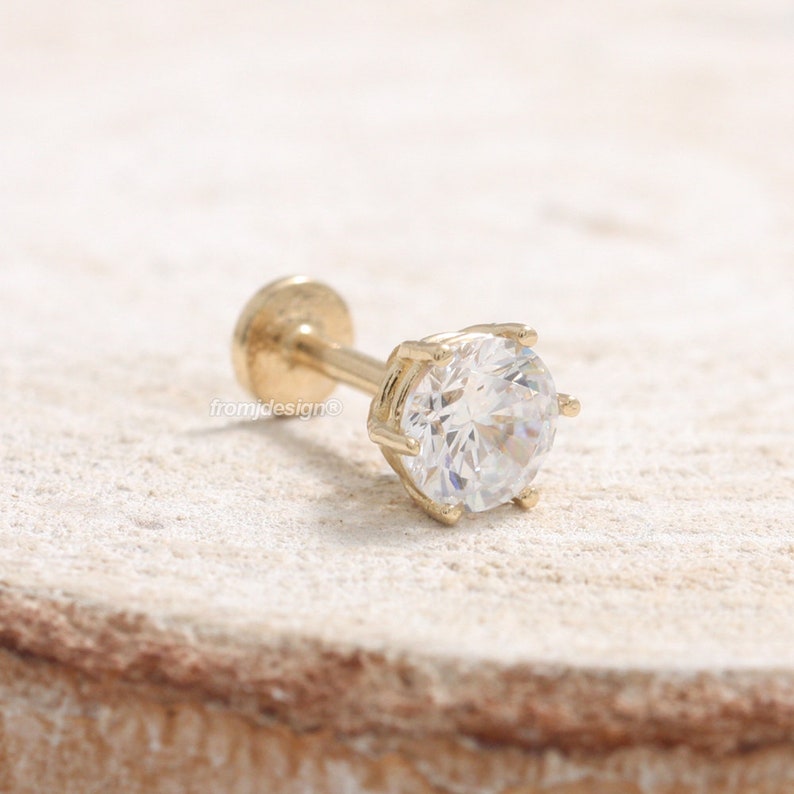 14K 18K Solid Gold 0.5ct Moissanite Prong Setting Ear Stud Helix Cartilage 18g 1pcs Conch Labret Piercing Earring-16g Tragus Lobe
