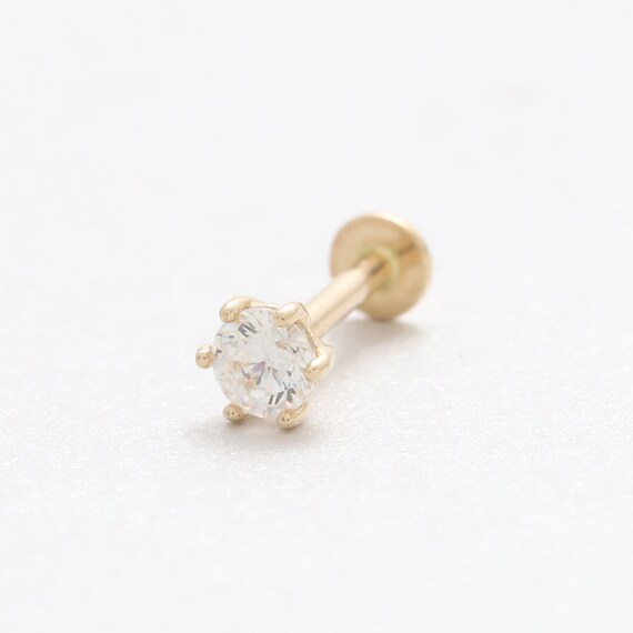 14K Solid Gold 3mm CZ Prongs Setting Ear Stud Cartilage | Etsy