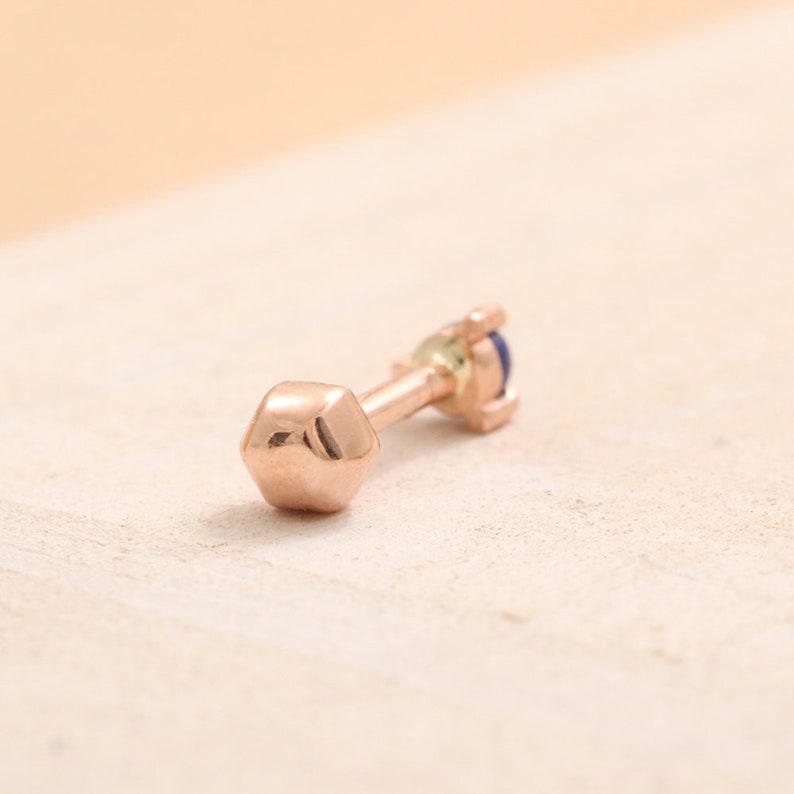 18G 1pcs Lobe Conch Cartilage Tragus Piercing Earring-16G 14K 18K Solid Gold 2mm Tiny Genuine Lapis Lazuli 3 Prongs Stud Helix
