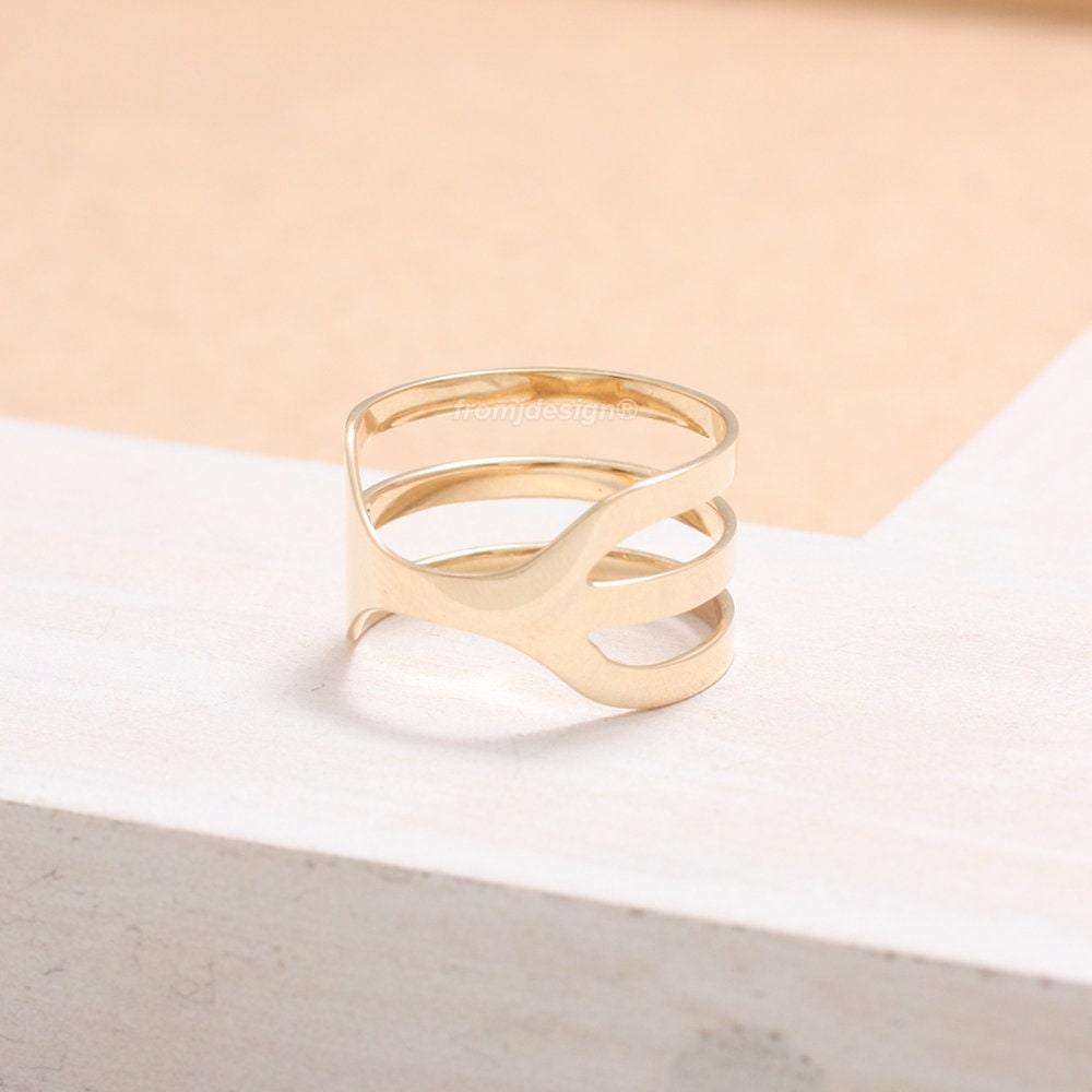 14K 18K Solid Gold Minimalist Triple Row Band Ring | Etsy