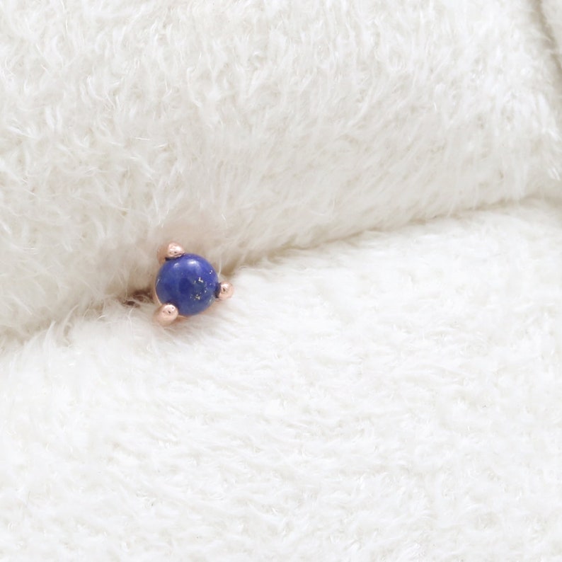 18G 1pcs Lobe Conch Cartilage Tragus Piercing Earring-16G 14K 18K Solid Gold 2mm Tiny Genuine Lapis Lazuli 3 Prongs Stud Helix