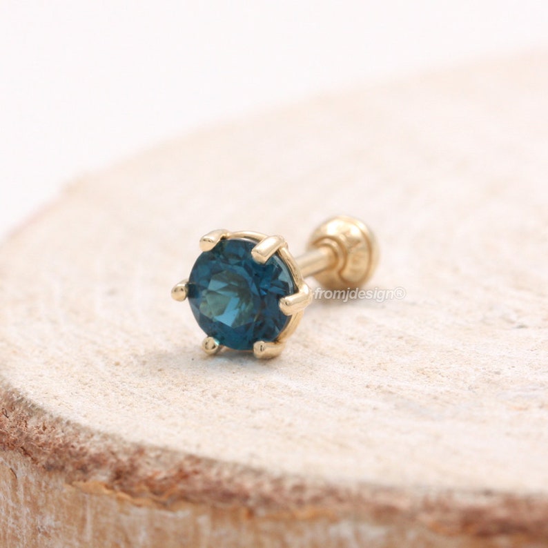 Conch Lobe Piercing Earring-18G or 16G 1pcs Tragus Cartilage 14K 18K Solid Gold 0.5ct London Blue Topaz Prongs Ear Stud Helix