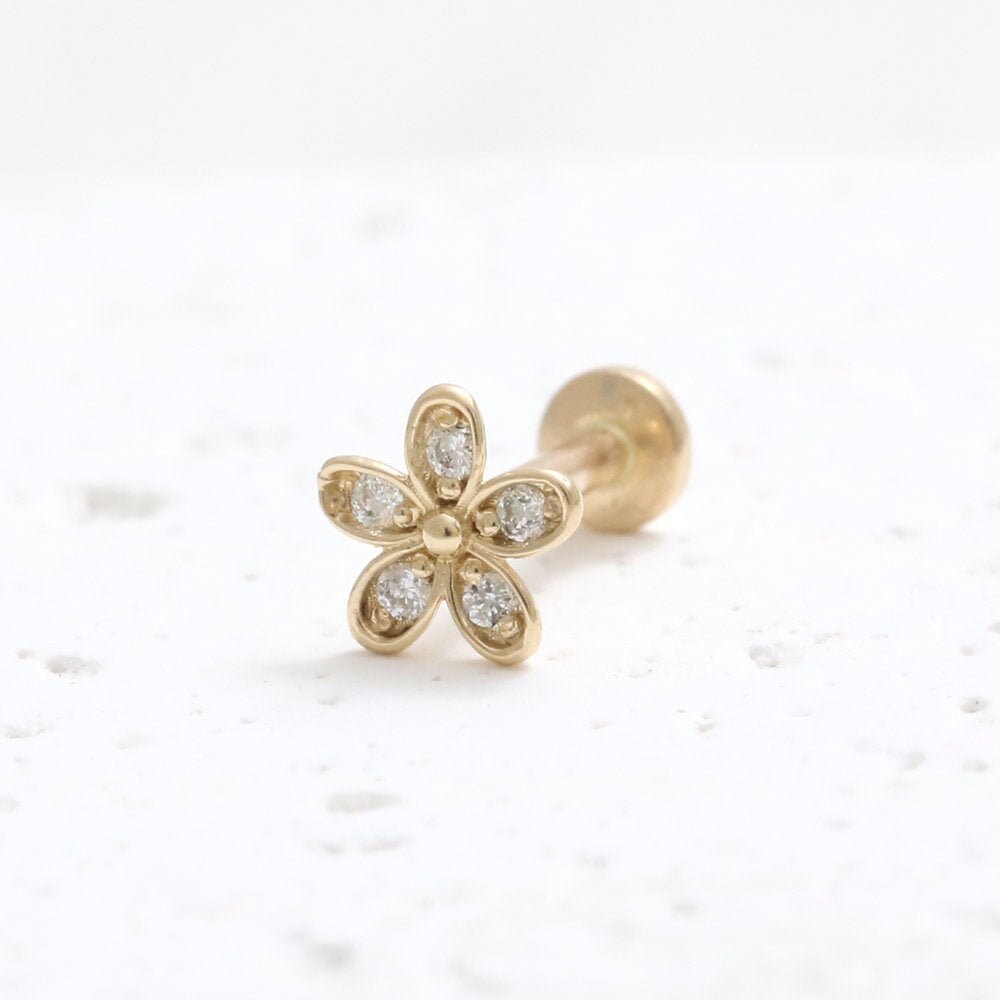 14K Solid Gold CZ Cubic Zirconia Tiny Daisy Flower Ear Stud - Etsy