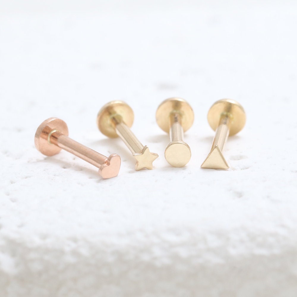 14K Solid Gold Ultra Tiny Heart, Star, Circle, Triangle, Crescent Ear Stud Cartilage Tragus Helix Conch Internally Threaded Labret Piercing