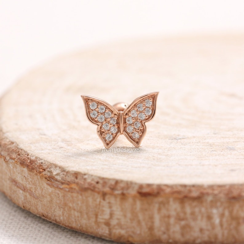 Conch 14K 18K Solid Gold Genuine Diamond Pave Butterfly Ear Stud Lobe Tragus 18G 1pcs Cartilage Helix Piercing Earring-16G