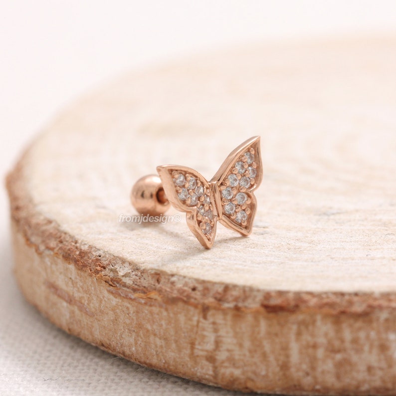 Conch 14K 18K Solid Gold Genuine Diamond Pave Butterfly Ear Stud Lobe Tragus 18G 1pcs Cartilage Helix Piercing Earring-16G