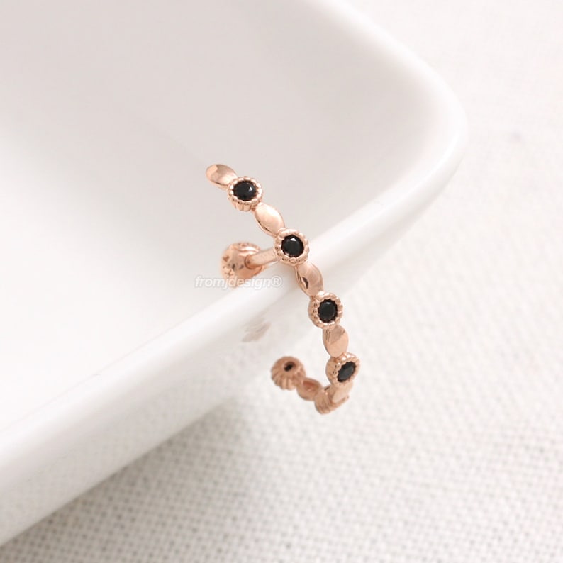 14K 18K Solid Gold Black CZ Cubic Zirconia Accent Lace Curved Line Ear Cuff Stud Ear Suspender Earring-18G 1pcs