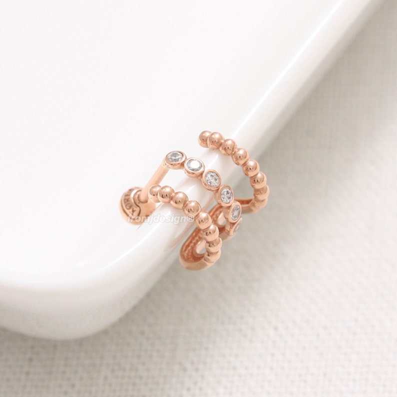 Conch Piercing Earring-18G 1pcs 14K 18K Solid Gold CZ with Tiny Ball Lines Ear Hoop Stud Cartilage Lobe Tragus Helix