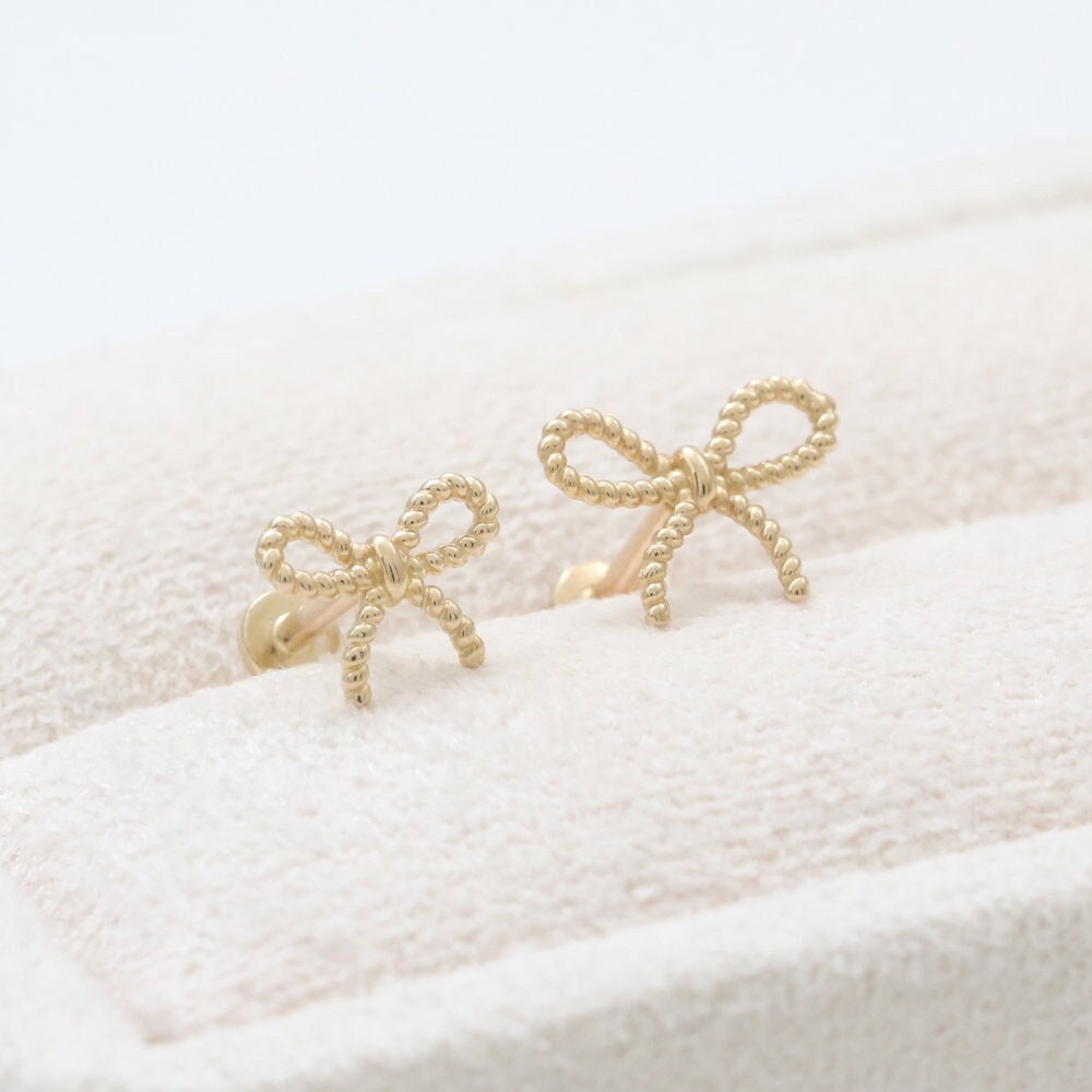 14K Solid Gold Rope Wire Bow Ribbon Ear Stud, Cartilage, Tragus, Helix ...