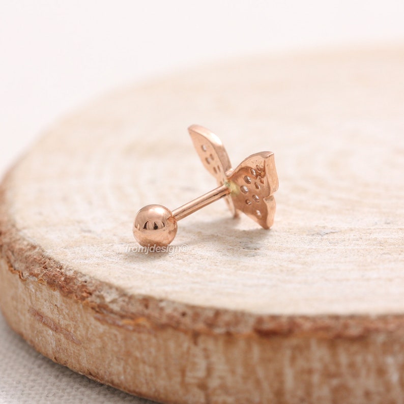 Conch 14K 18K Solid Gold Genuine Diamond Pave Butterfly Ear Stud Lobe Tragus 18G 1pcs Cartilage Helix Piercing Earring-16G
