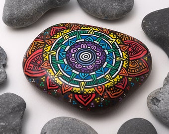 Mandala Art Stone, Meditation Decor, Rainbow Colours