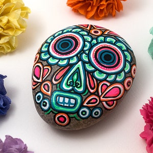 Sugar Skull Painted Rock, Halloween Decoration, Fall Decor, Alternative Gift, Neon Pink and Green