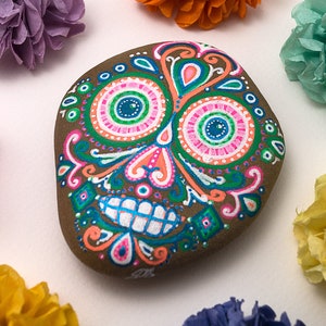 Sugar Skull Painted on Rock, Colorful Fall Halloween Decor, Alternative Gift