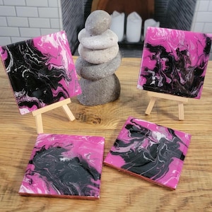 Set of 4 Acrylic Pour Coasters. Upcycled Ceramic Tile Coasters in Bright Pink and Black with Silver Glitter.
