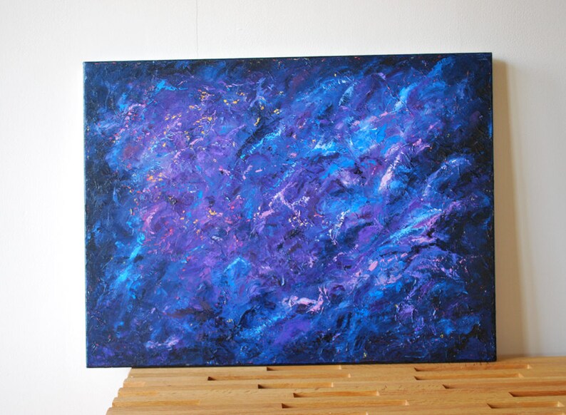 Original Blue and Purple Abstract Cosmos Oil Painting Impressionist