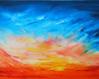 Original Abstract Sunset Oil Painting, Blue and Orange Impressionism Canvas Art, 12x24