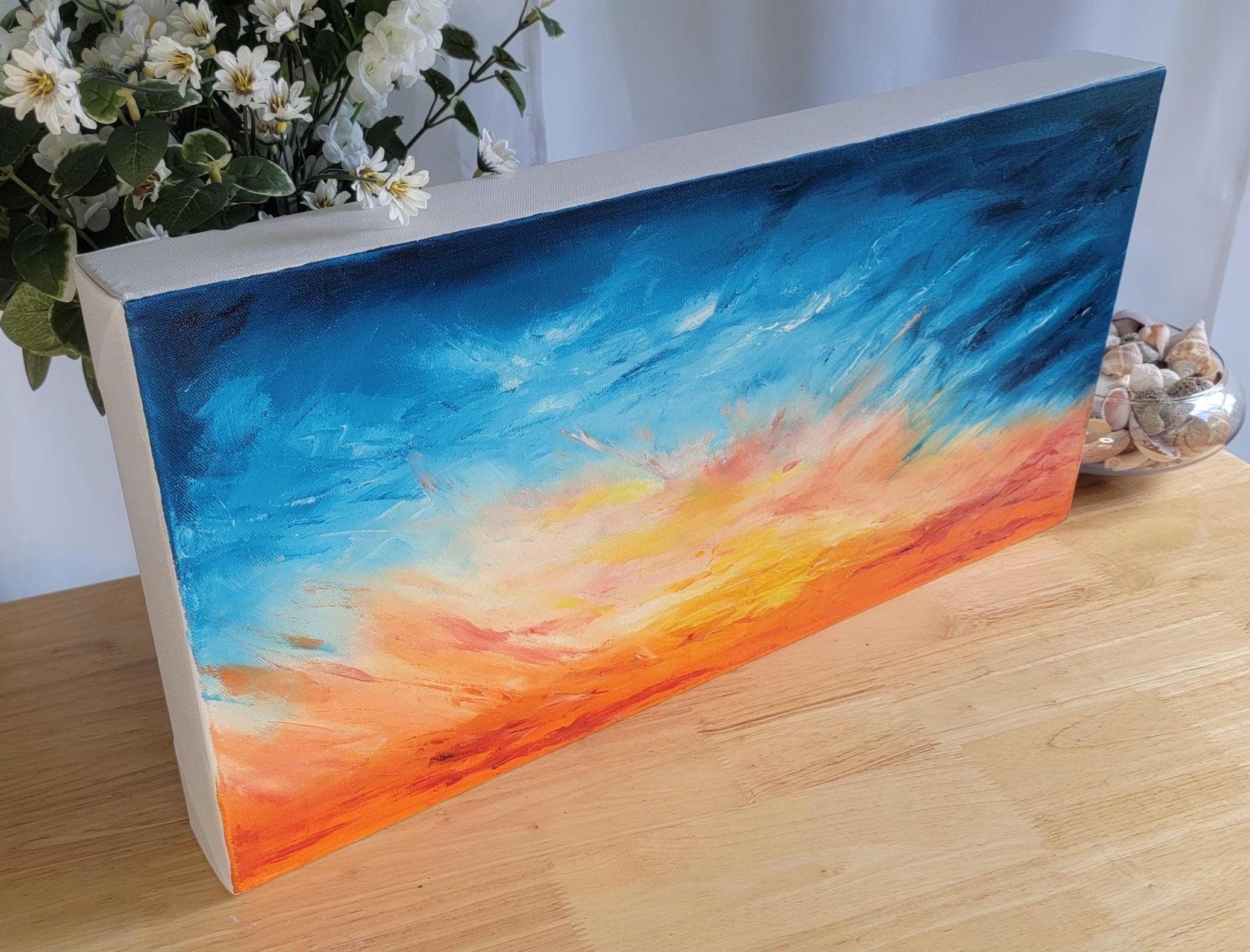 Original Abstract Sunset Oil Painting, Blue and Orange