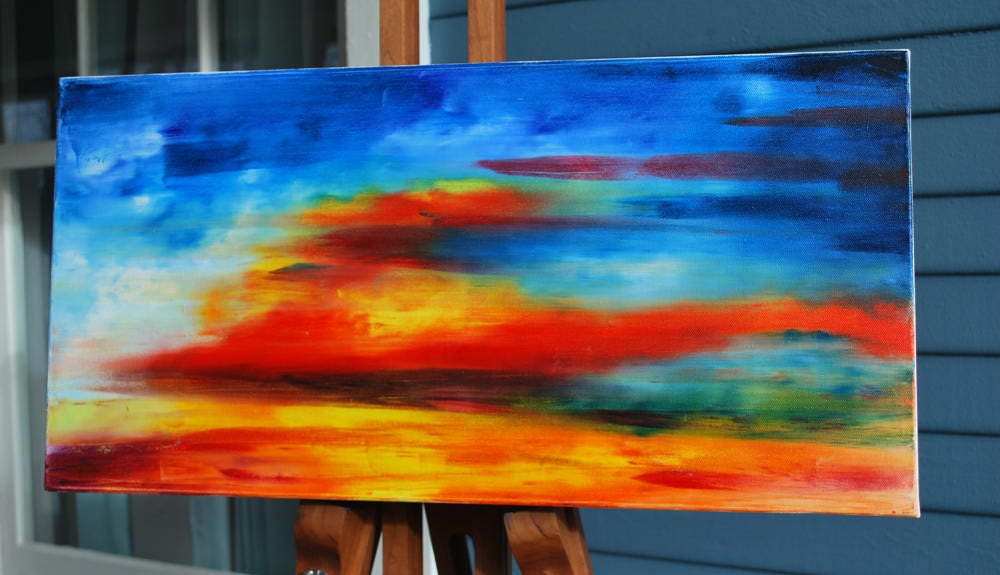 Oil Painting, Desert Sunset Mirage, Blue Orange Abstract