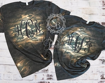 Camisa de camuflaje con monograma, camisa de camuflaje desteñida, camisas personalizadas con efecto desgastado, camisa vintage