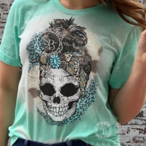 Skull Shirt, Womens Skull Tee, Cowhide Skull Tee, Grunge Clothing for Women, Bleached Shirt, Distressed and Vintage Shirt
