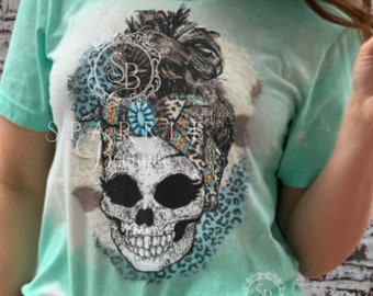 Skull Shirt, Womens Skull Tee, Cowhide Skull Tee, Grunge Clothing for Women, Bleached Shirt, Distressed and Vintage Shirt