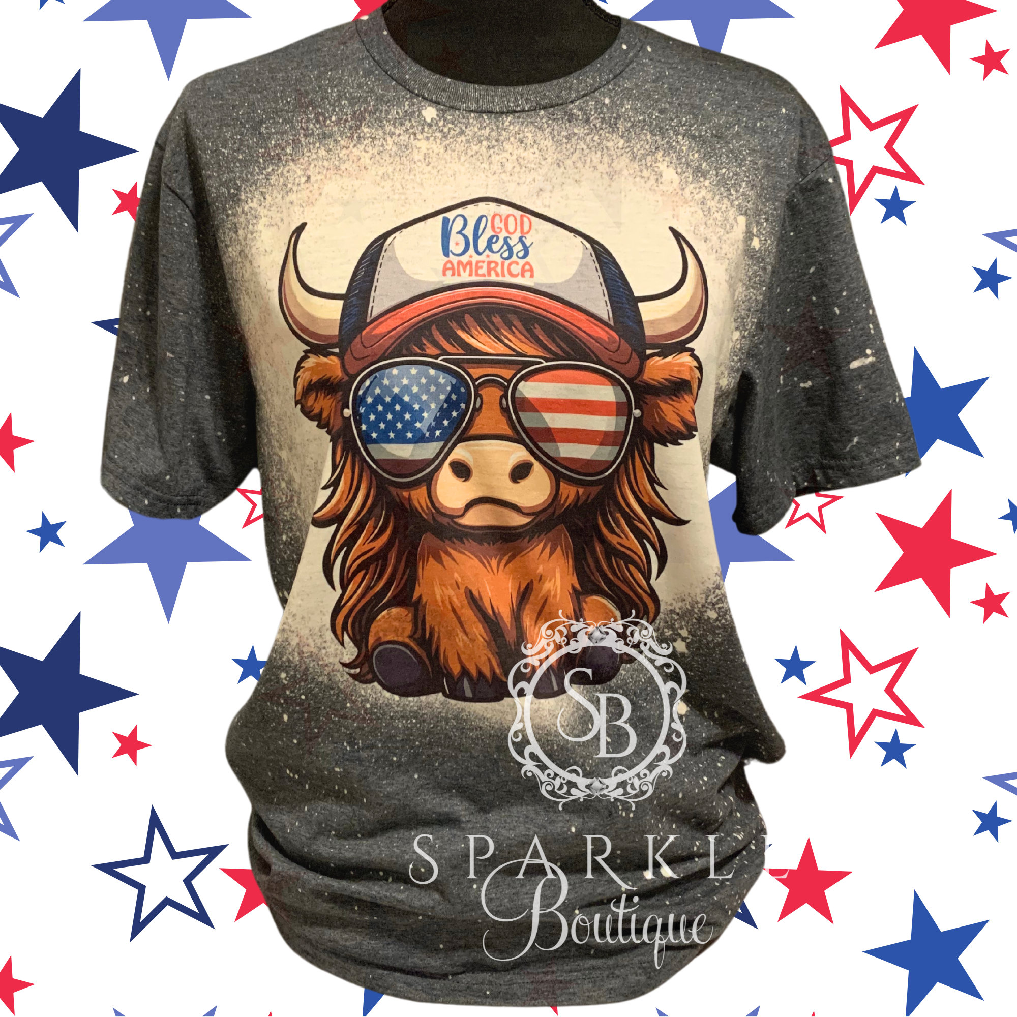 Highland Cow Shirt Trucker Hat Shirt 4th of July Shirt Western Independence Day Bleach Shirt Distressed Tee