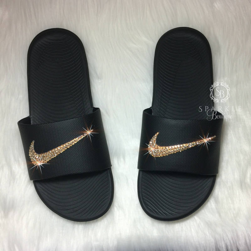 gold nike slides
